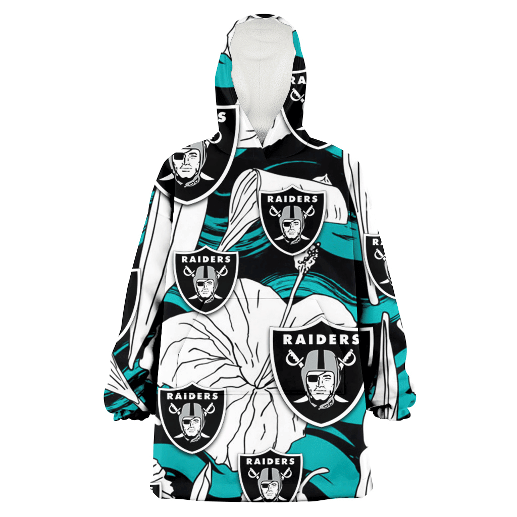 Las Vegas Raiders White Hibiscus Turquoise Wave Black Background 3D Printed Hoodie Blanket Snug Hoodie