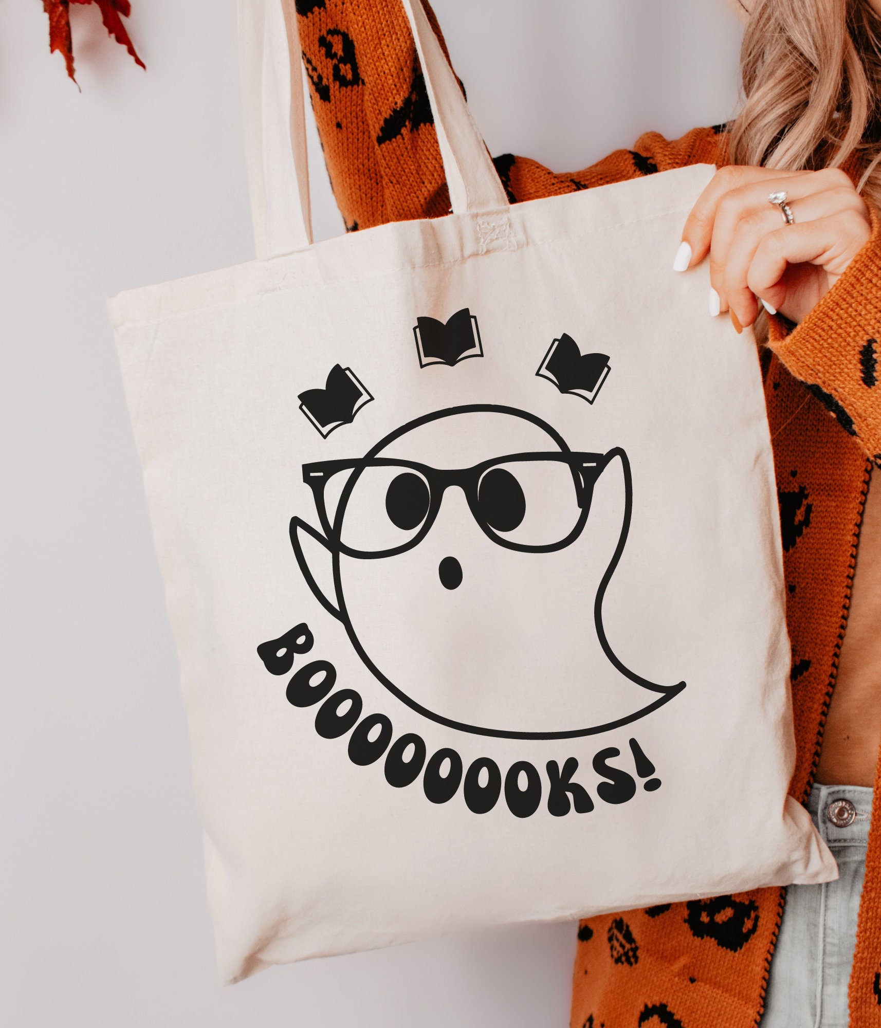 Ghost Books Tote Bag, Book Canvas Tote, Halloween Tote Bag, Bookworm Tote Bag, Book Tote Bag, Spooky Season Bag, Teacher Tote Bag