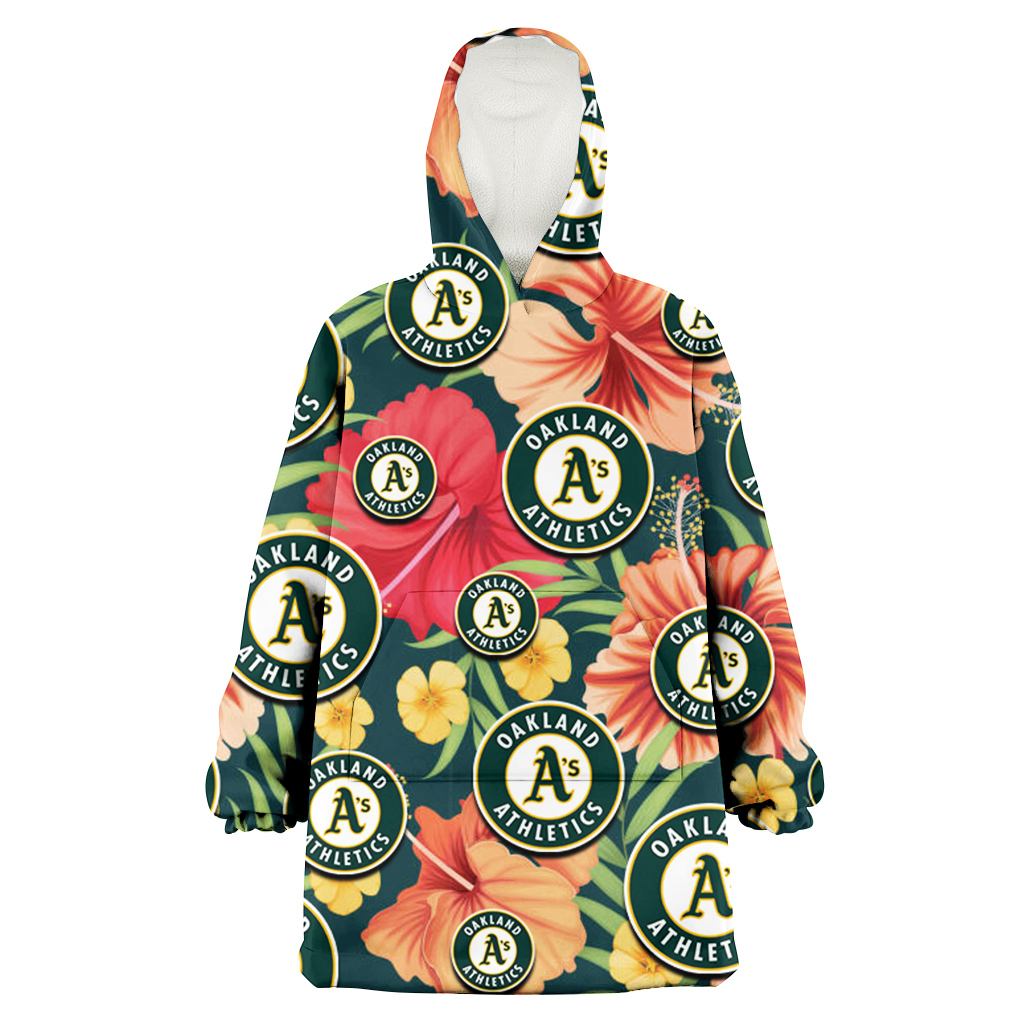 Oakland Athletics Orange Red Hibiscus Green Leaf Dark Background 3D Printed Hoodie Blanket Snug Hoodie