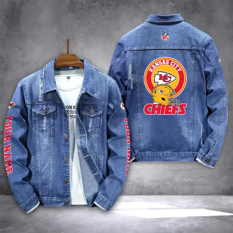 Kansas City Chiefs NFL Team Name Personalized Sleeve Back Logo Blue Denim Jacket