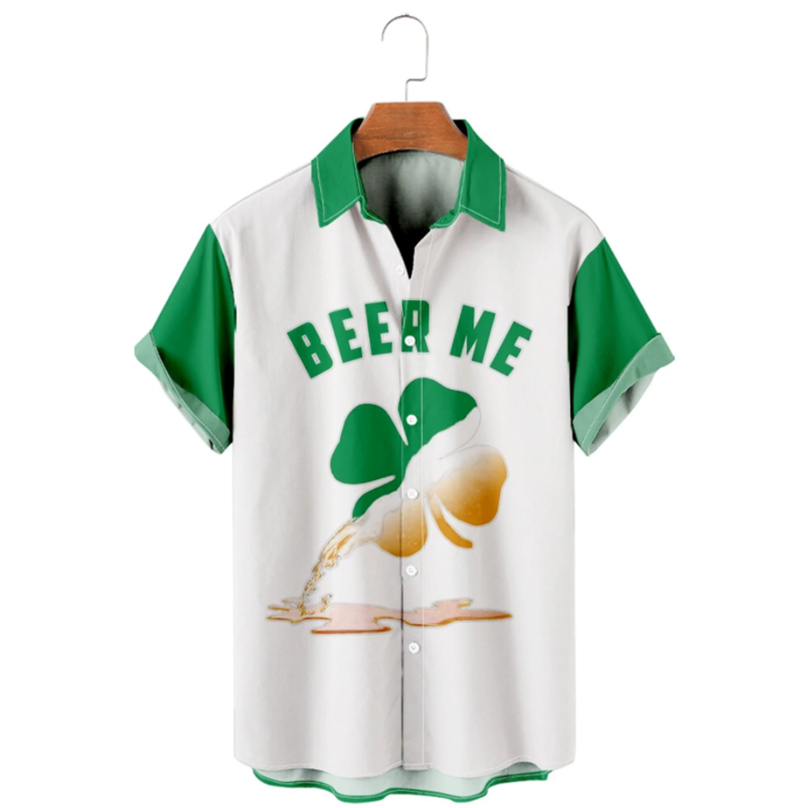 Four Leaf Clover Beer Casual Loose Men’S, St. Patrick’S Hawaiian Shirt, Irish Hawaiian