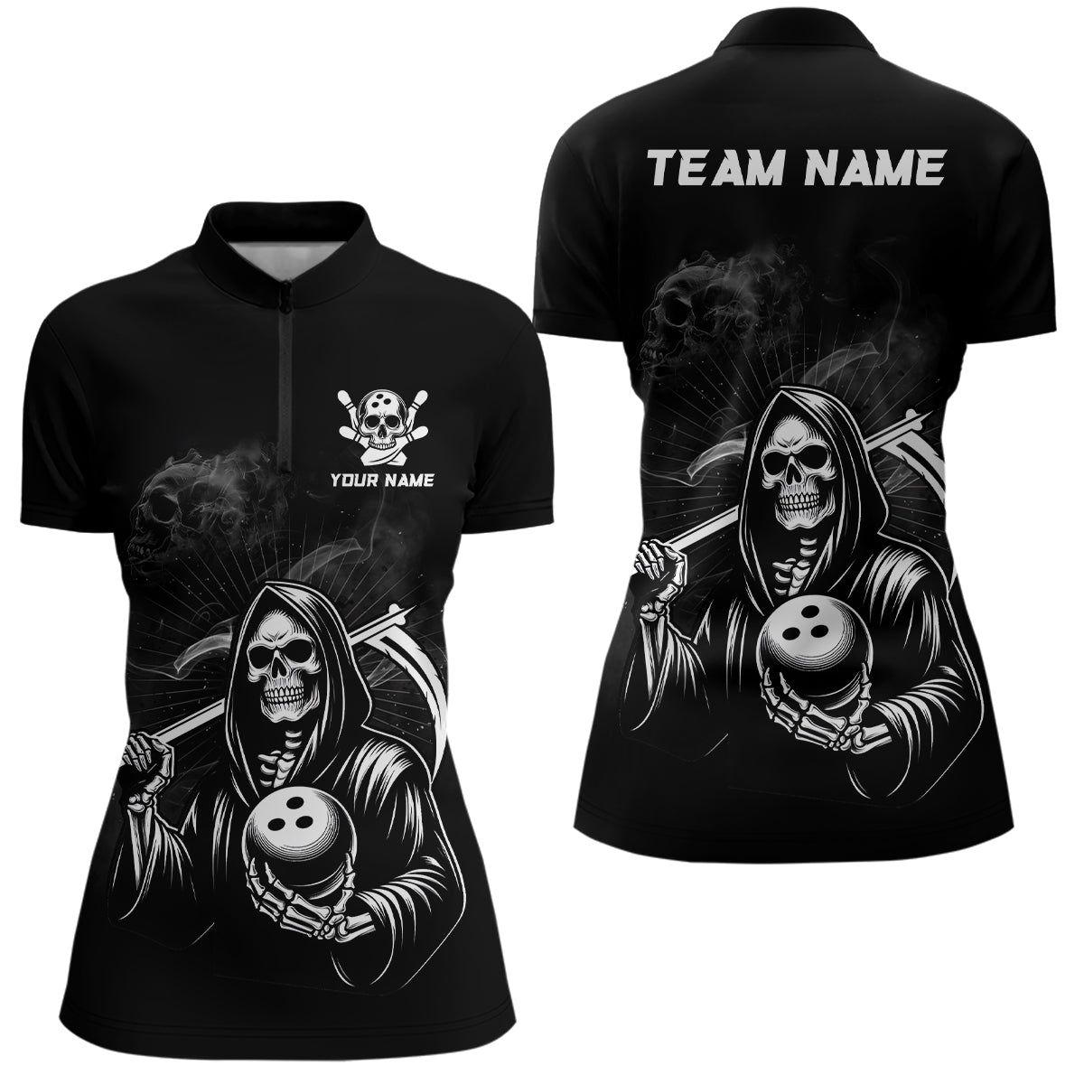 Peckshirt  Skeleton Bowling Shirt Custom Skull Bowling Quarter-Zip Shirt for Women Bowling Team League Bowling Gift for Bowlers QZT299 - Print In Your Way