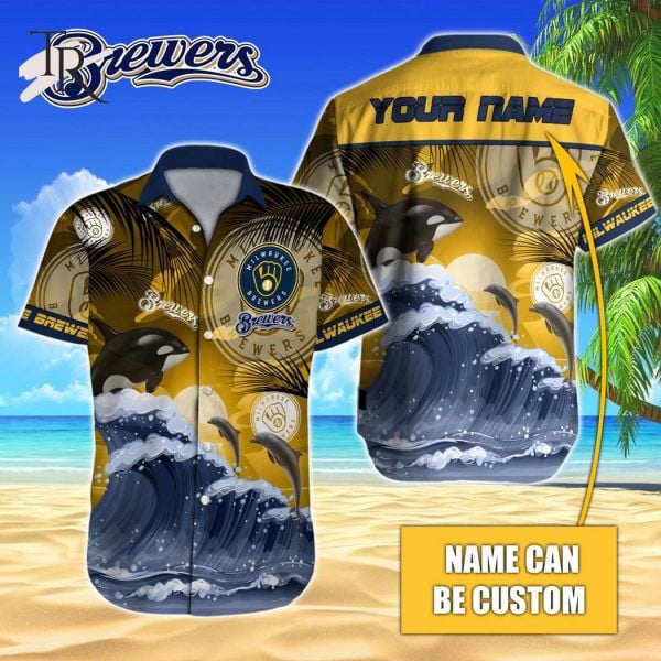 Custom Name Mlb Milwaukee Brewers Tropical Beach Whale 3D Hawaiian Shirt
