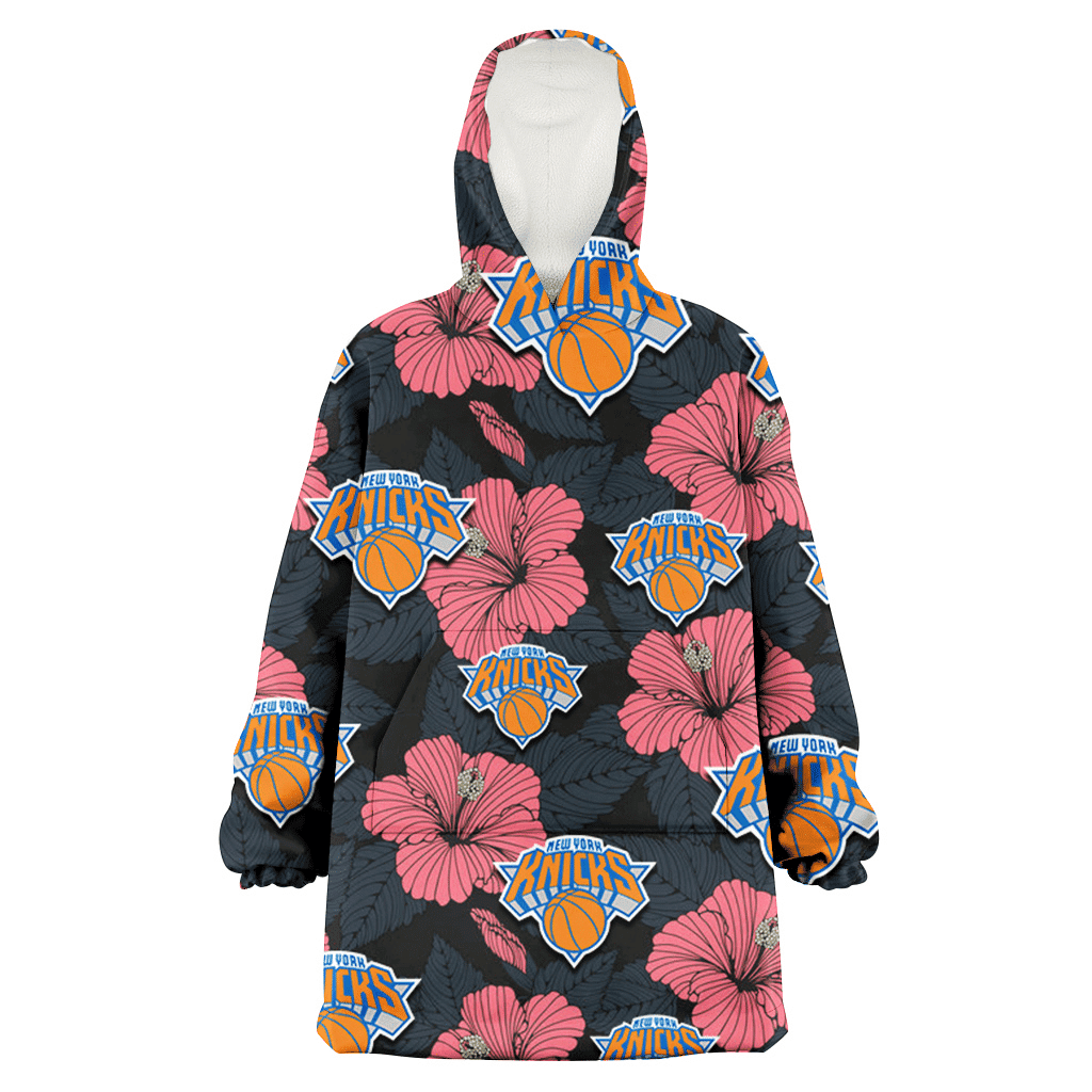 New York Knicks Light Coral Hibiscus Gray Leaf Black Background 3D Printed Hoodie Blanket Snug Hoodie