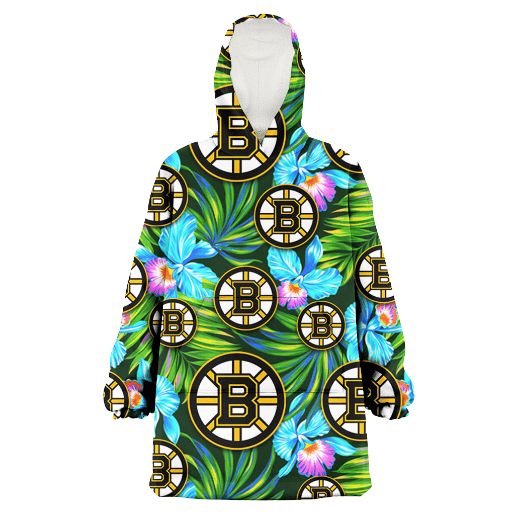 Boston Bruins Electro Color Hibiscus Black Background 3D Printed Hoodie Blanket Snug Hoodie