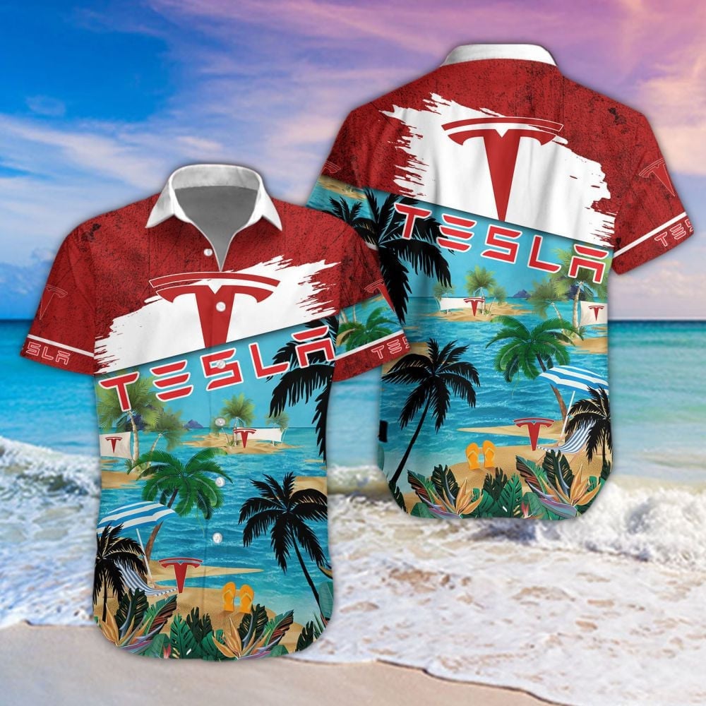 Tesla Car Beach Coastal Island Brand Logo 3D Hawaiian Shirt