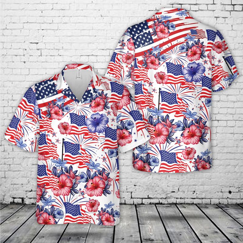 Flower American Flag 4Th Of July Hawaiian Shirt