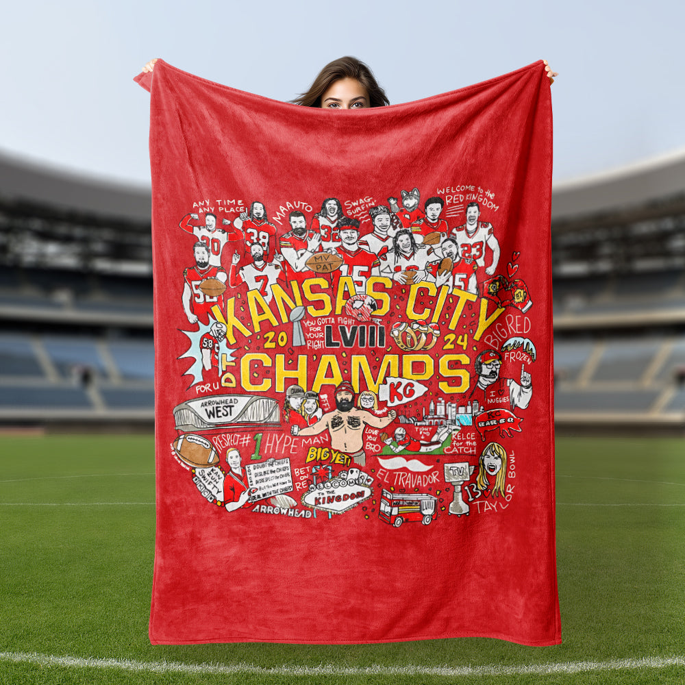 Onlytee - Soft Fleece Blanket - Kansas City Champions Super Bowl Lviii Blanket Sherpa Blanket Football Fans Gift For Boyfriend Family Friends