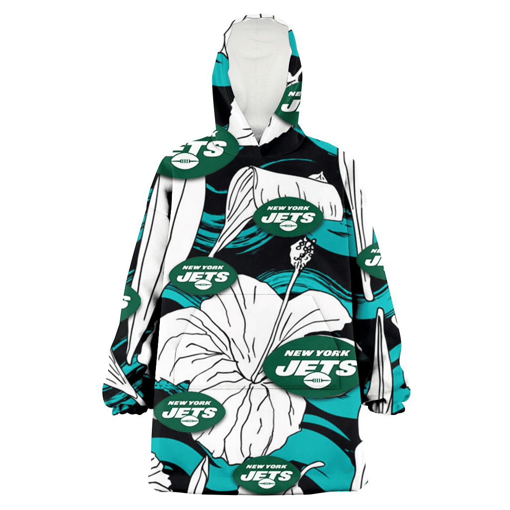 New York Jets White Hibiscus Turquoise Wave Black Background 3D Printed Hoodie Blanket Snug Hoodie