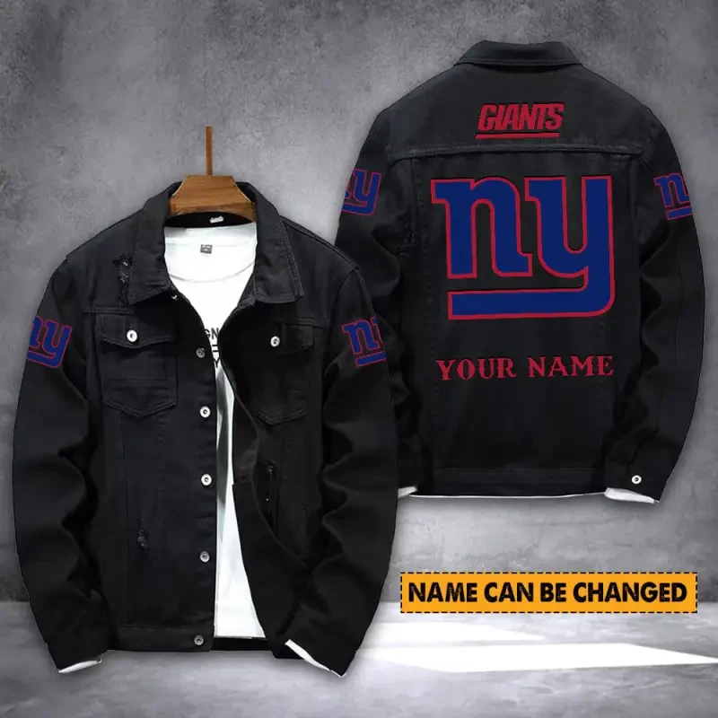 New York Giants NFL Team Name Personalized Back Sleeve Logo Black Huge Pattern Denim Jacket