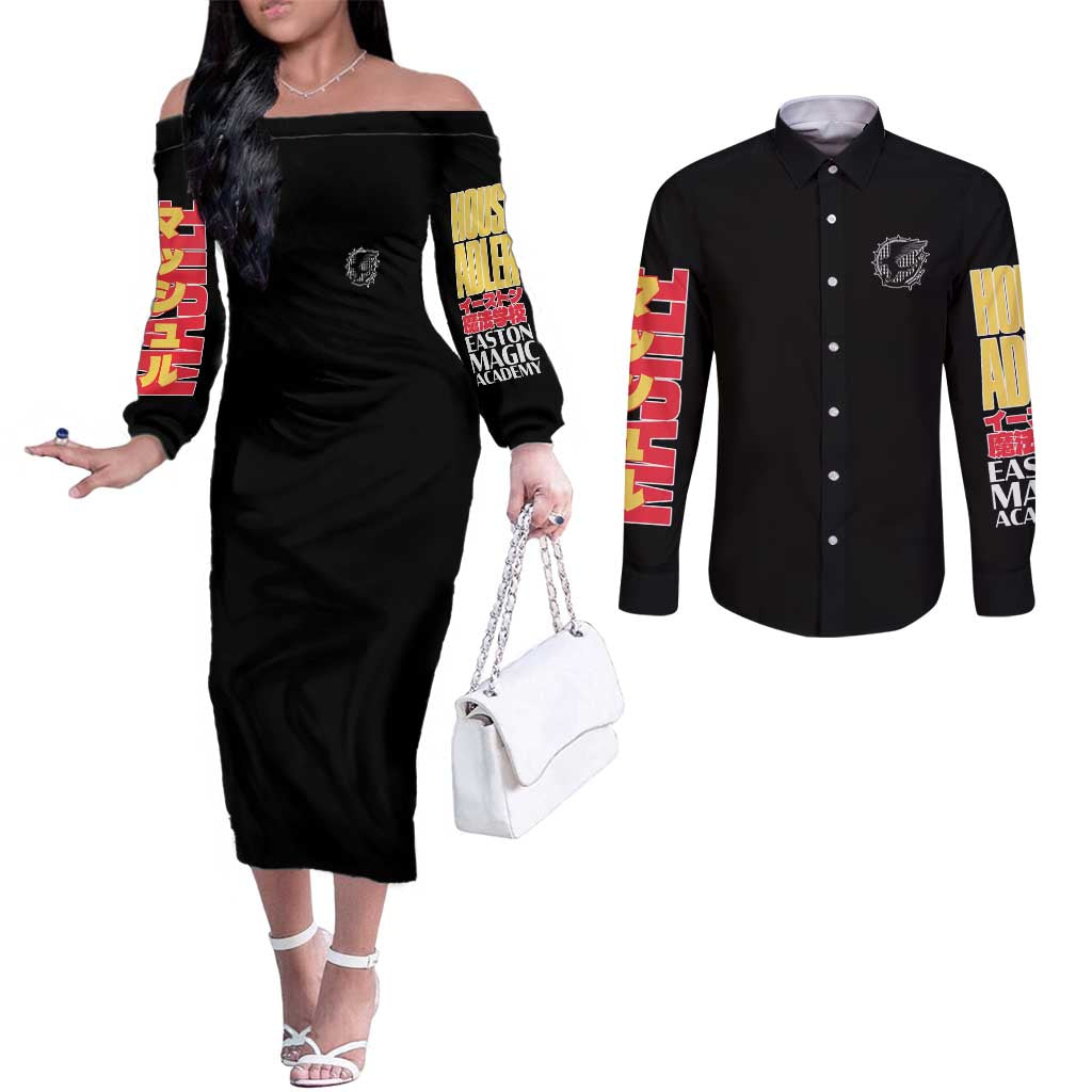 Custom Hela Wigmen Rugby Couples Matching Off The Shoulder Long Sleeve Dress and Long Sleeve Button Shirts Papua New Guinea Polynesian Tattoo LT03 main image 1