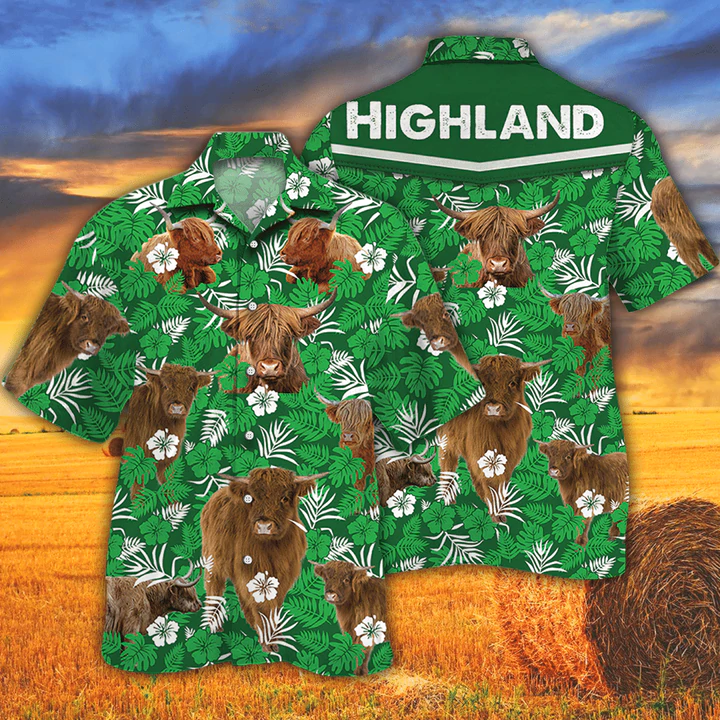 Cow Hawaiian Shirts For Men, Women – Highland Cattle Lovers Green Floral Pattern Hawaiian Shirt