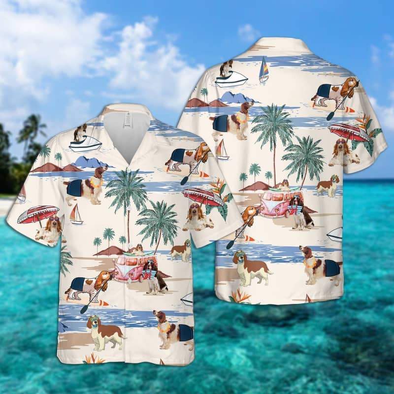 Welsh Springer Spaniel Summer Beach Hawaiian Shirt, Dog Beach Short Sleeve Hawaiian Shirt