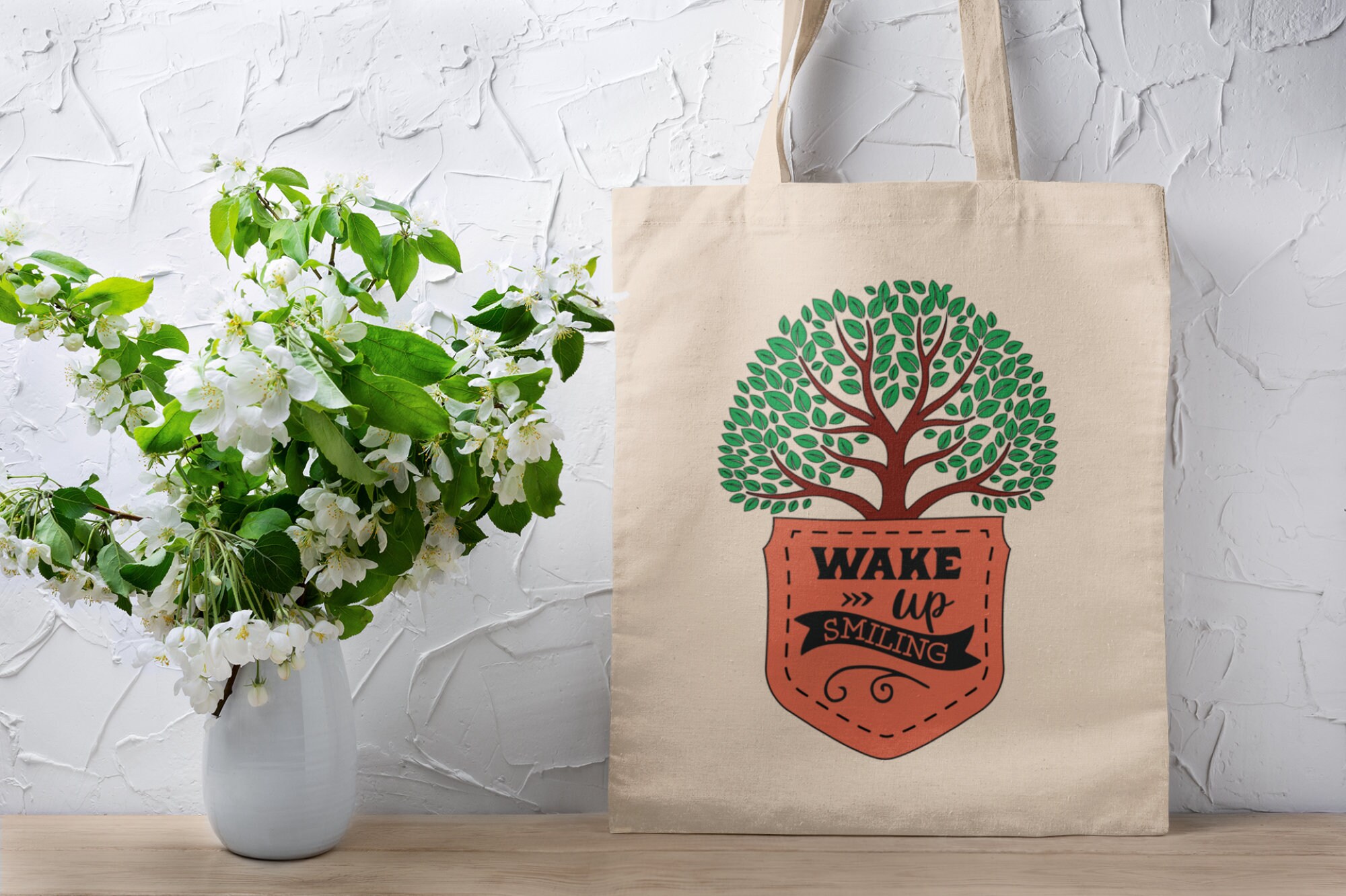 Tree Canvas Tote Bag | Wake up Smiling Tote | Boho Tote Bag | Sustainable Bag | Shopping Bag | School Bag