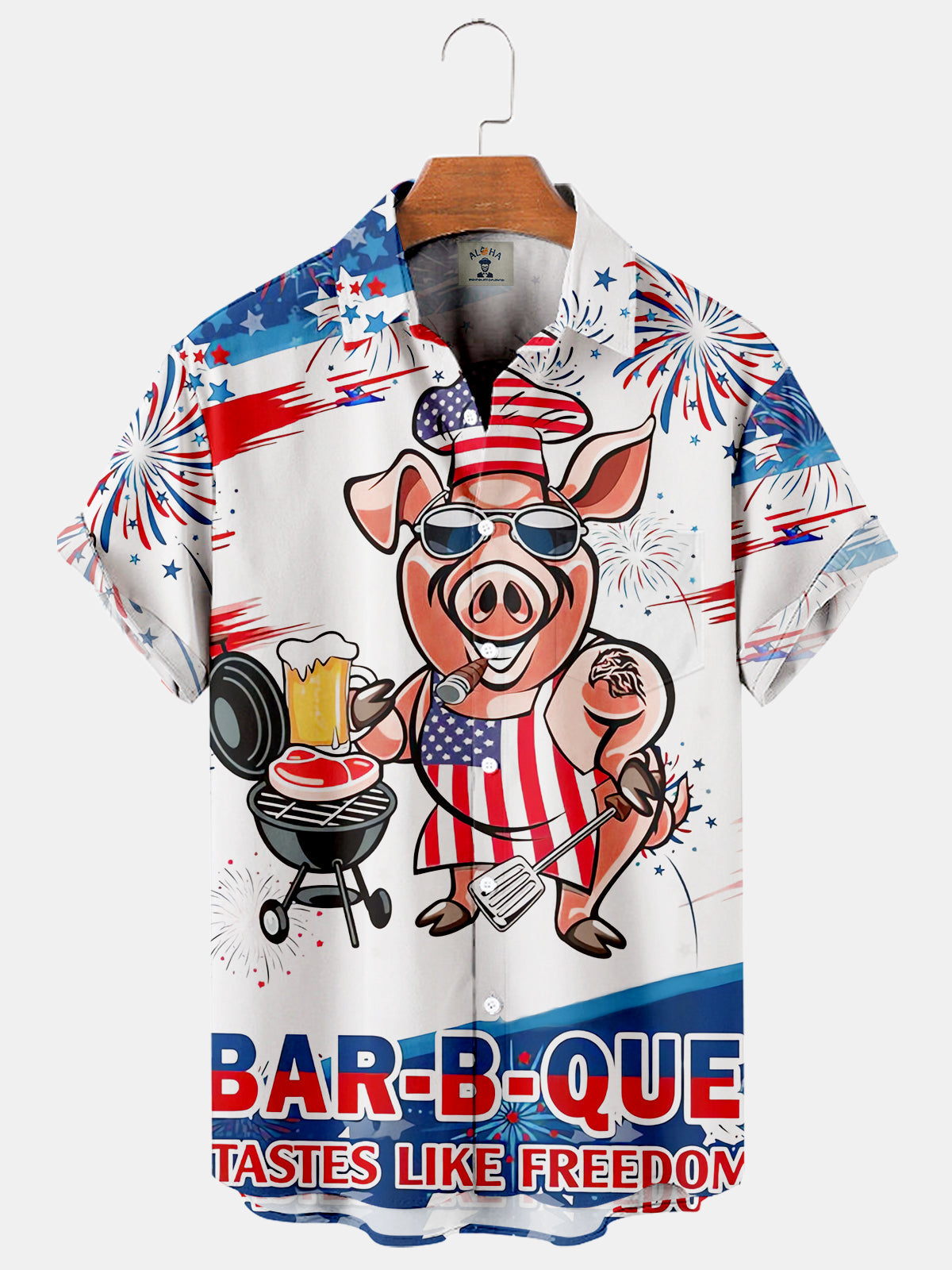 Fat Pig Wearing American Flag At Barbecue Casual Loose Men’S Plus Size Short-Sleeved Hawaiian Shirt