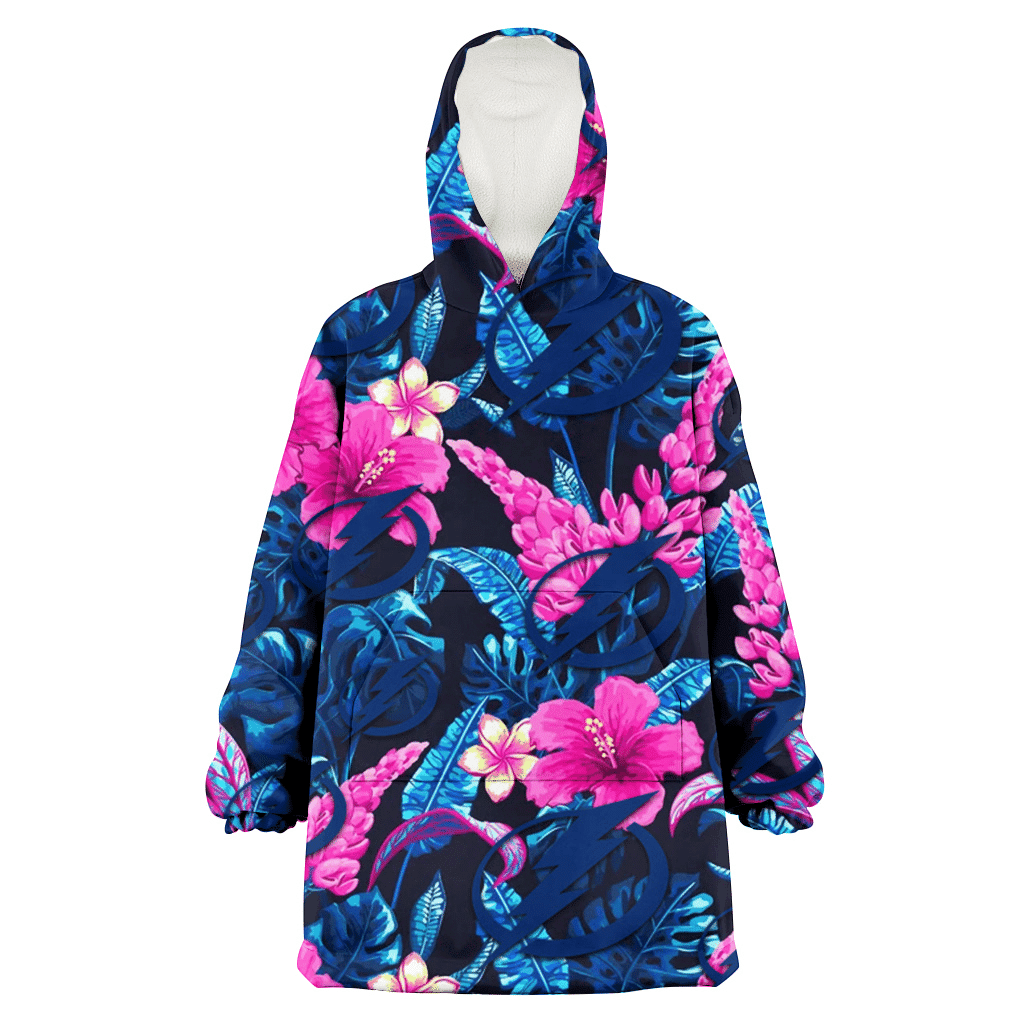 Tampa Bay Lightning Violet Red Hibiscus Blue Leaf Black Background 3D Printed Hoodie Blanket Snug Hoodie