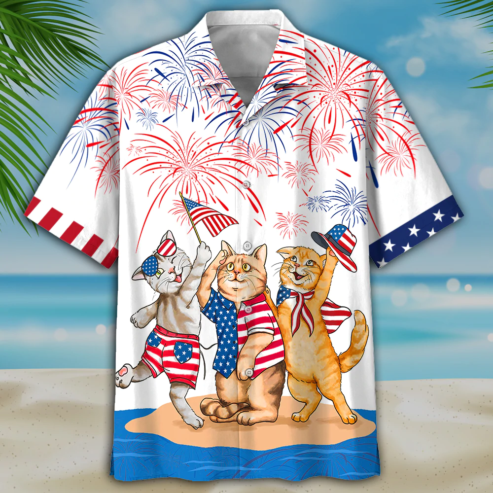 Cool Cat Hawaiian Shirt, American Shorthair Shirts Independence Day, Patriotic Cat Pet Hawaii Aloha Shirt