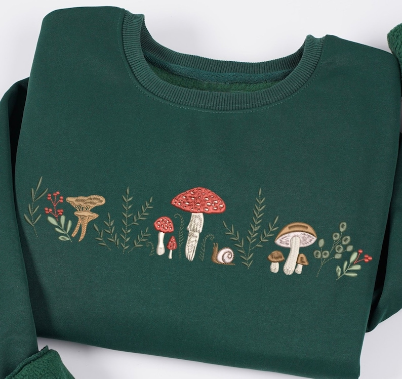 Embroidered Mushroom Sweatshirt, Botany Embroidered Tshirt, Cottage Core Embroidery Hoodie, Embroidered Mushroom Crew Neck Sweatshirt