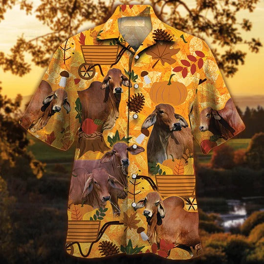 Red Brahman Cattle Lovers Orange Nature Autumn Hawaiian Shirt, Unisex Print Aloha Short Sleeve Casual Shirt