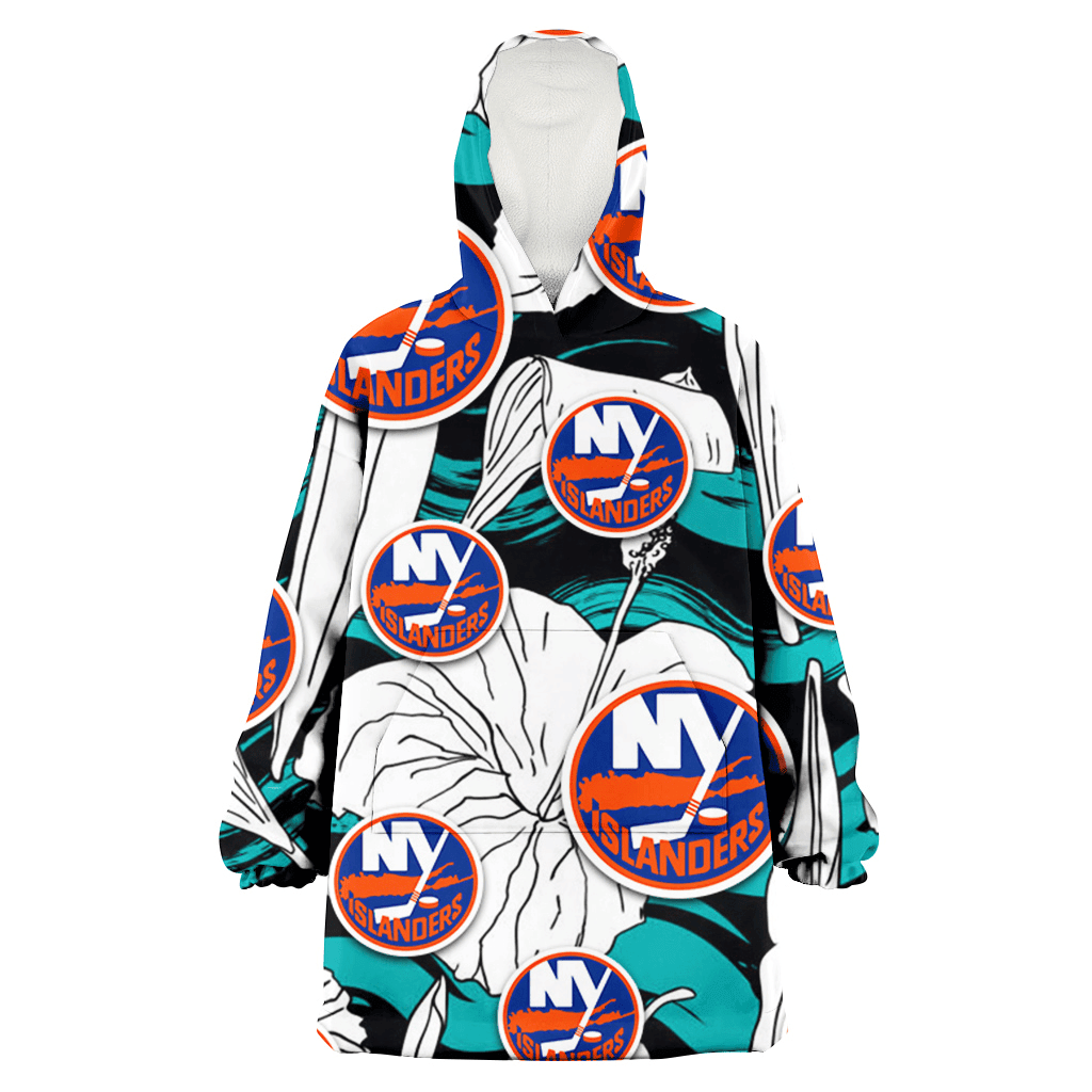 New York Islanders White Hibiscus Turquoise Wave Black Background 3D Printed Hoodie Blanket Snug Hoodie