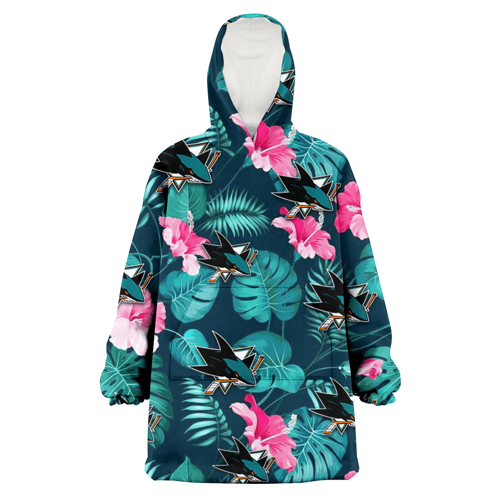 San Jose Sharks Pink Hibiscus Green Leaves Dark Background 3D Printed Hoodie Blanket Snug Hoodie