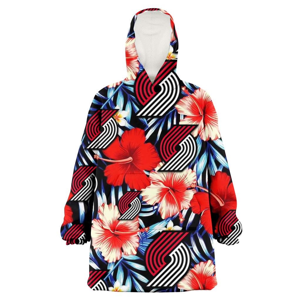 Portland Trail Blazers Coral Red Hibiscus Blue Palm Leaf Black Background 3D Printed Hoodie Blanket Snug Hoodie