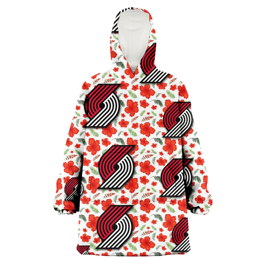 Portland Trail Blazers Tiny Red Hibiscus Green Leaf White Cube Background 3D Printed Hoodie Blanket Snug Hoodie