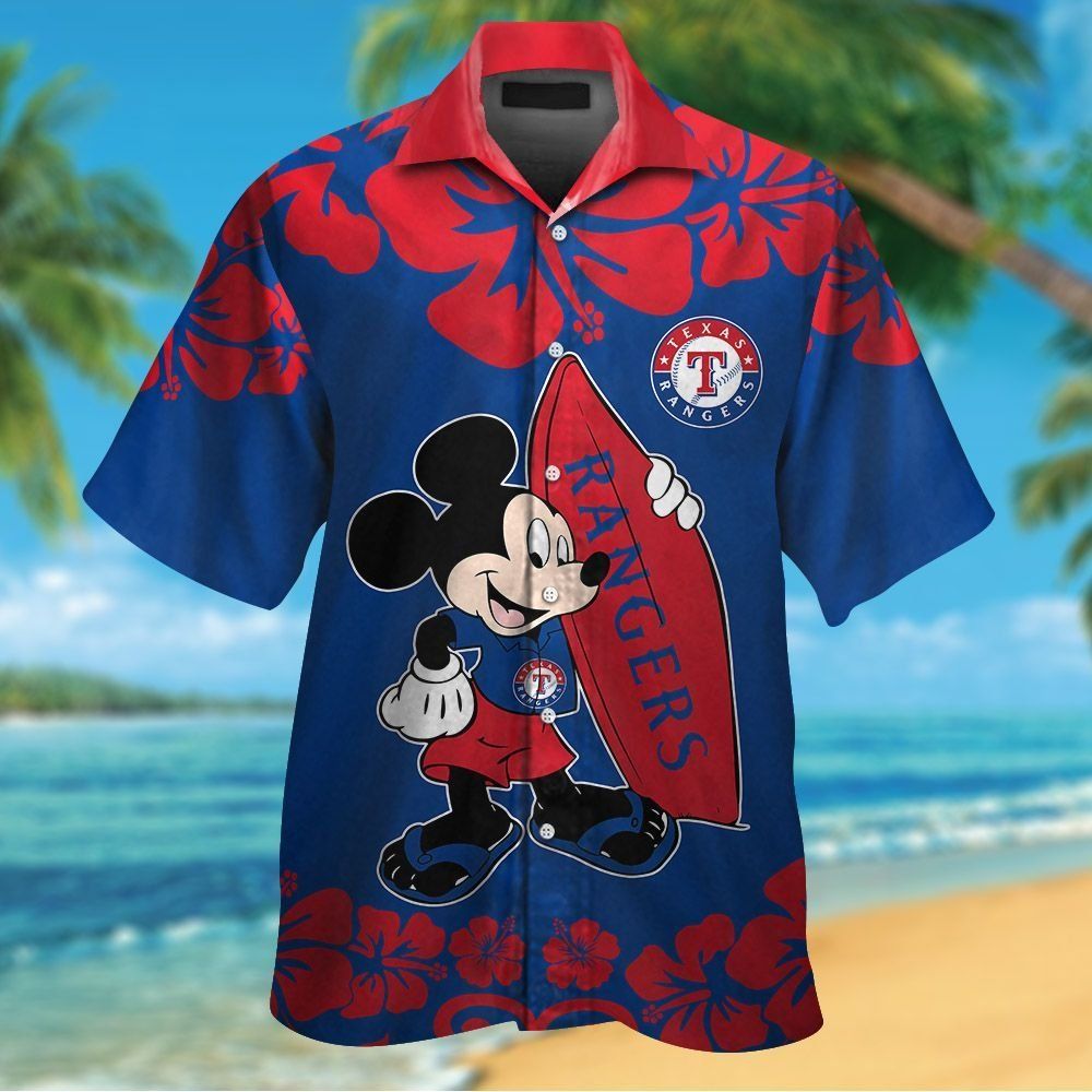 Texas Rangers Mickey Mouse Short Sleeve Button Up Tropical Hawaiian Shirt