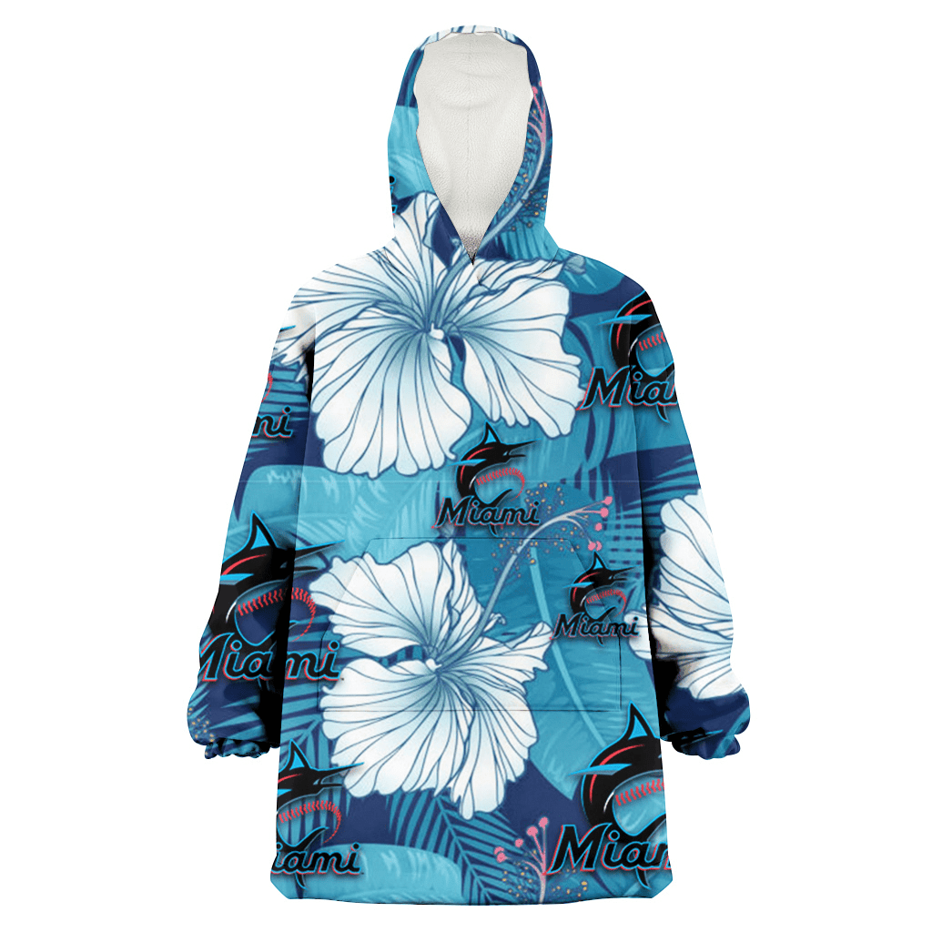 Miami Marlins White Hibiscus Turquoise Banana Leaf Navy Background 3D Printed Hoodie Blanket Snug Hoodie