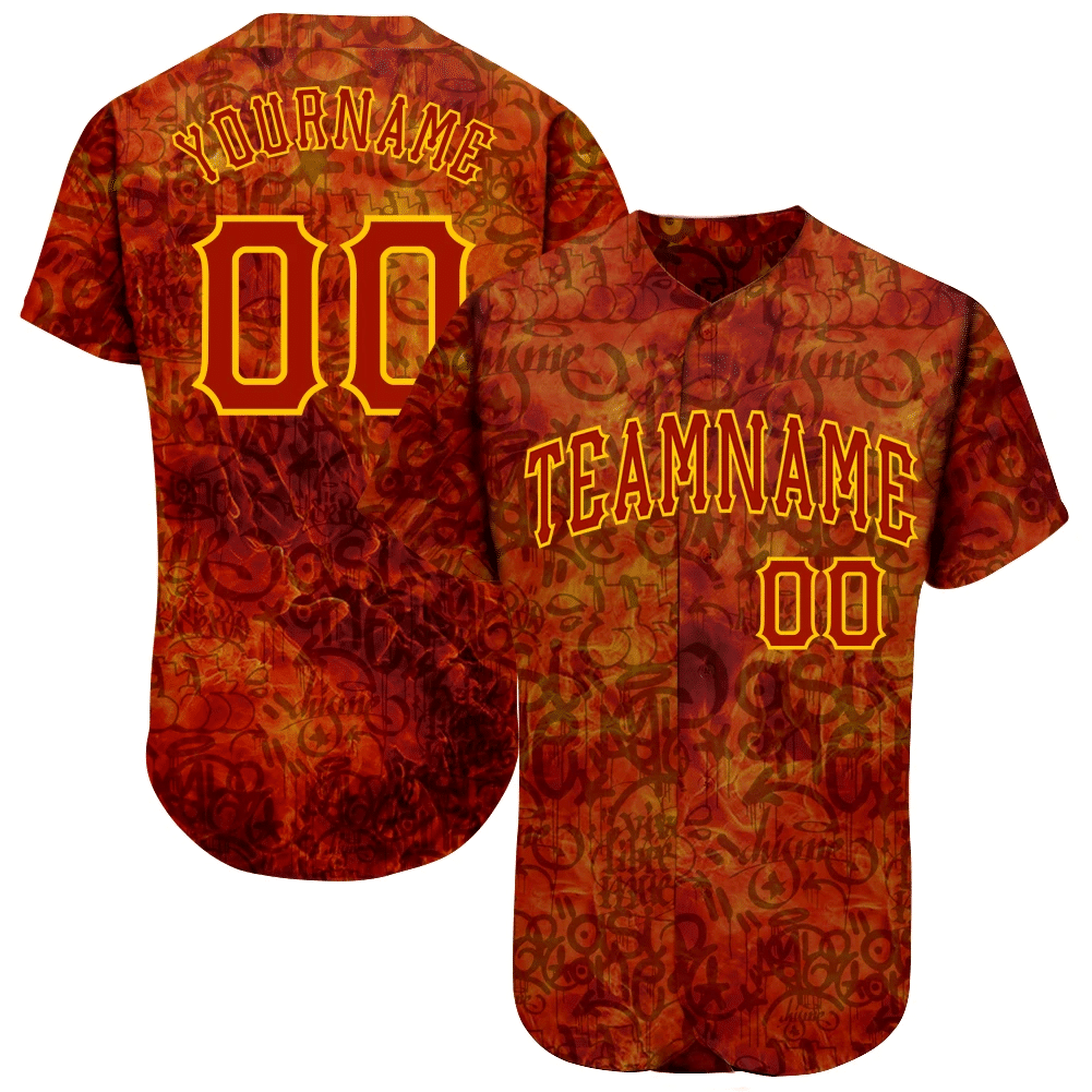 [Personalized Name] Graffiti Pattern Red-Gold 3D “Fire” Baseball Jersey