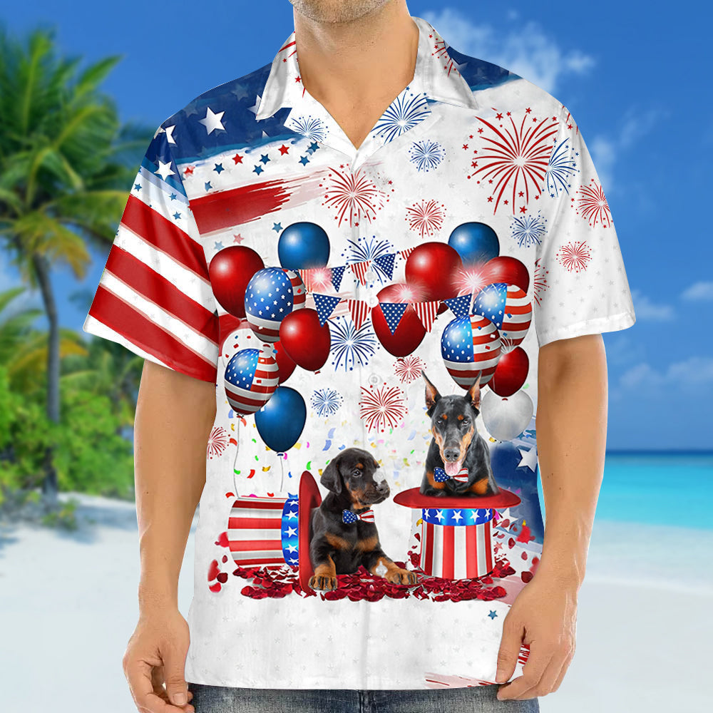 Doberman Independence Day Hawaiian Shirt, Dog Hawaii Beach Shirt Short Sleeve For 4Th Of July