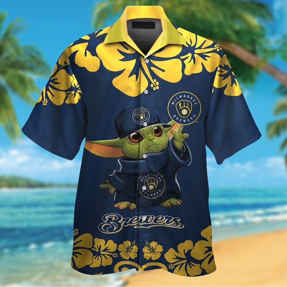 Milwaukee Brewers Baby Yoda Short Sleeve Button Up Tropical Hawaiian Shirt