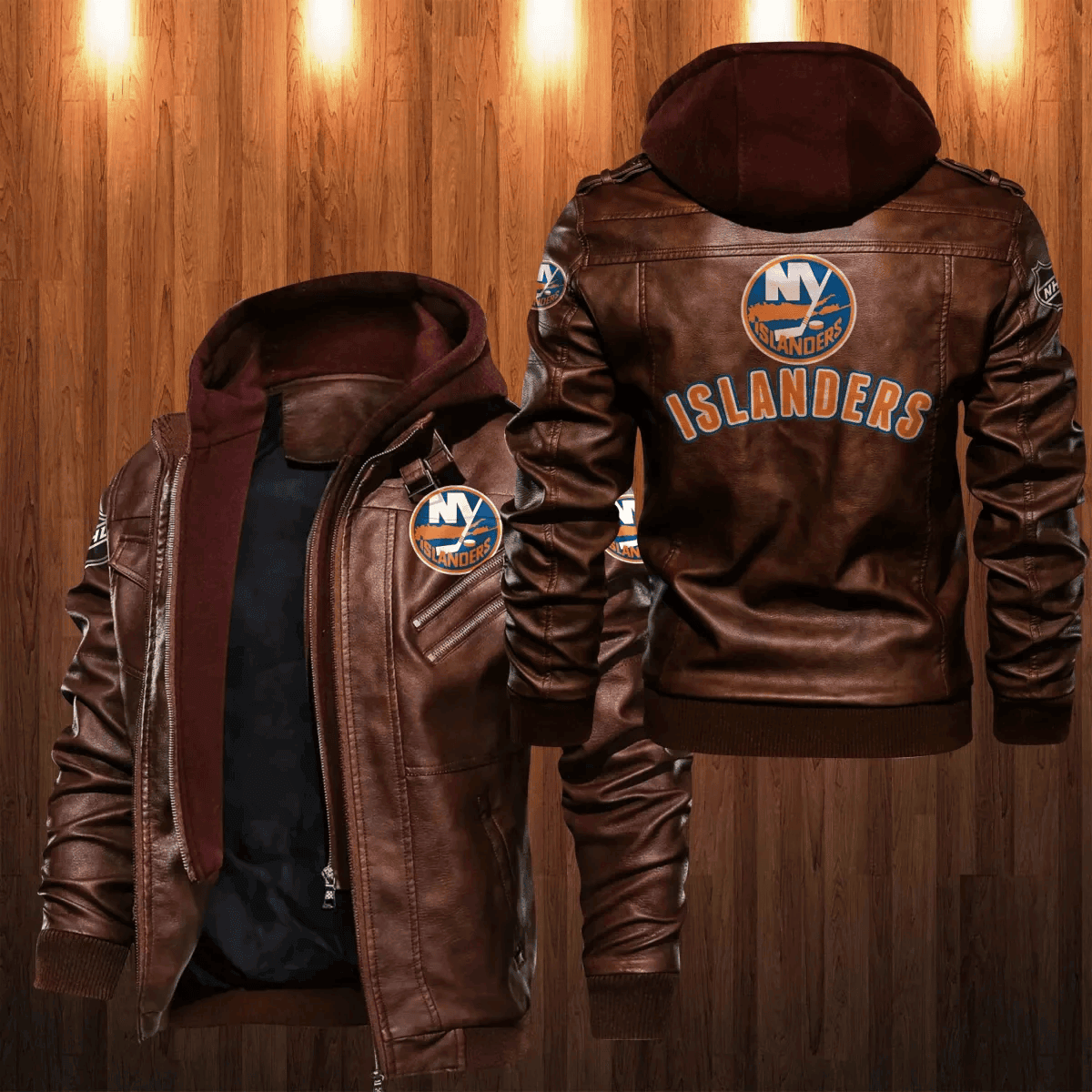 New York Islanders Zip Leather Jacket With Hood With Hood