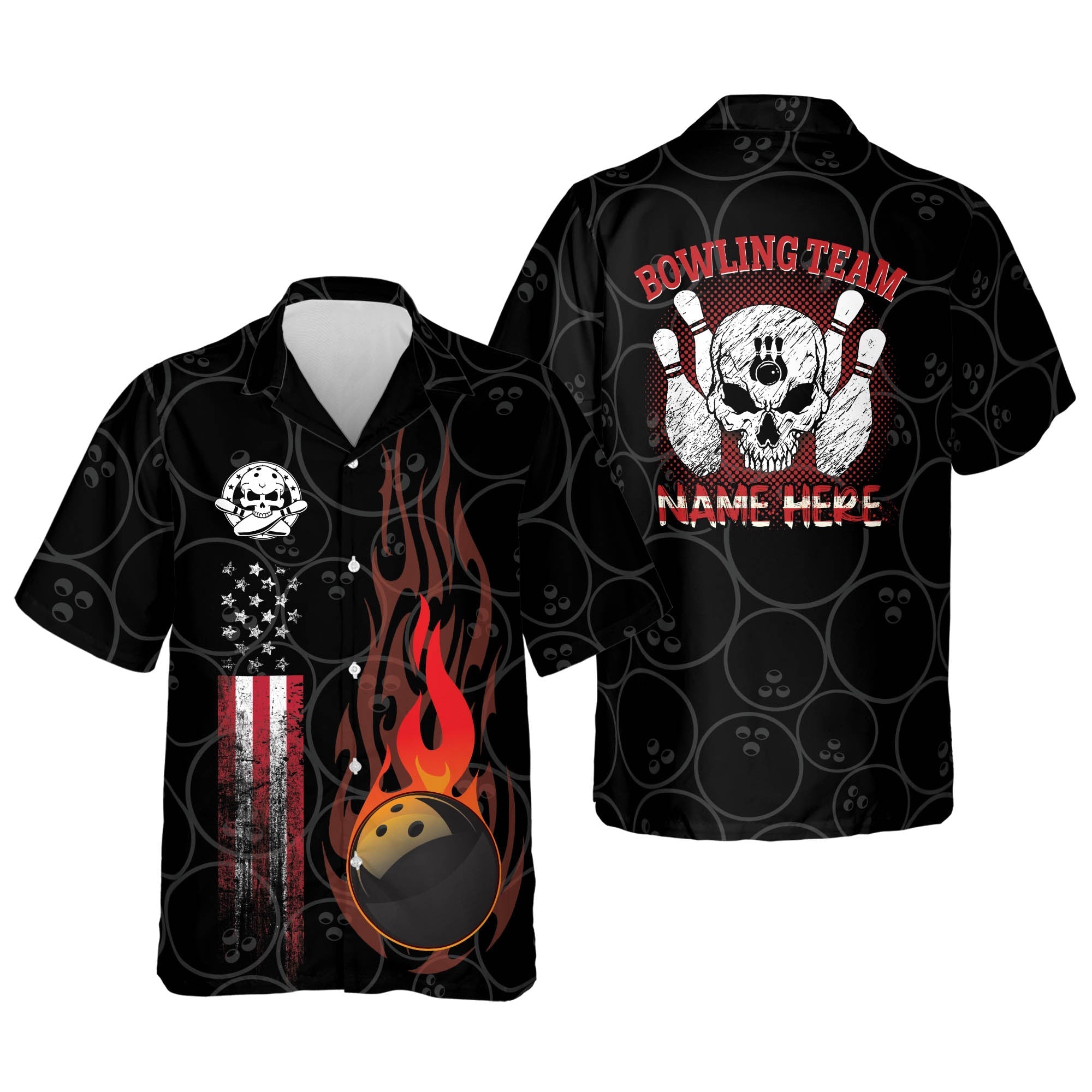 Funny Flame Skull Bowling Team Button-Down Short Sleeve Hawaiian Shirt For Men And Women, Summer Gift For Bowling Team Shirt