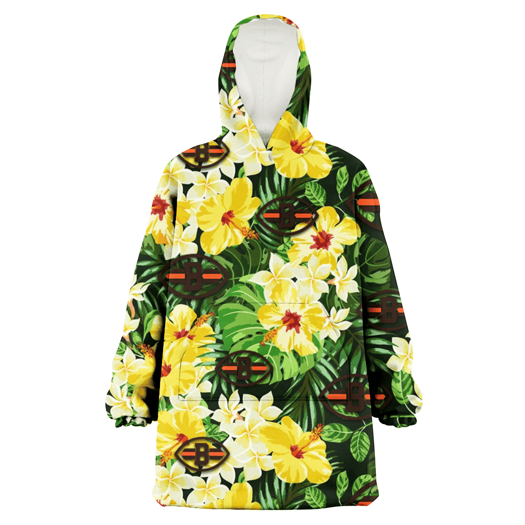 Cleveland Browns Yellow Hibiscus Tropical Green Leaf Black Background 3D Printed Hoodie Blanket Snug Hoodie