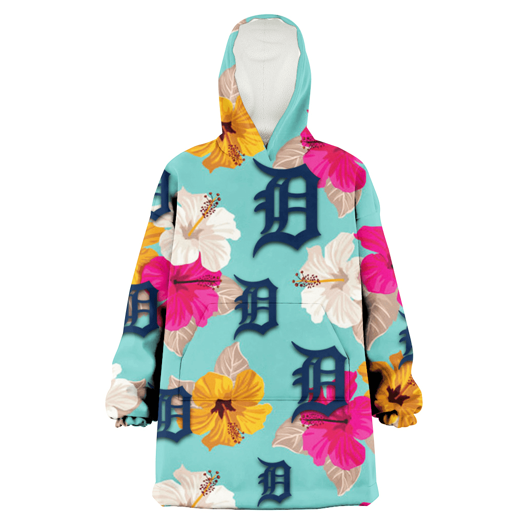 Detroit Tigers Pink Yellow White Hibiscus Turquoise Background 3D Printed Hoodie Blanket Snug Hoodie