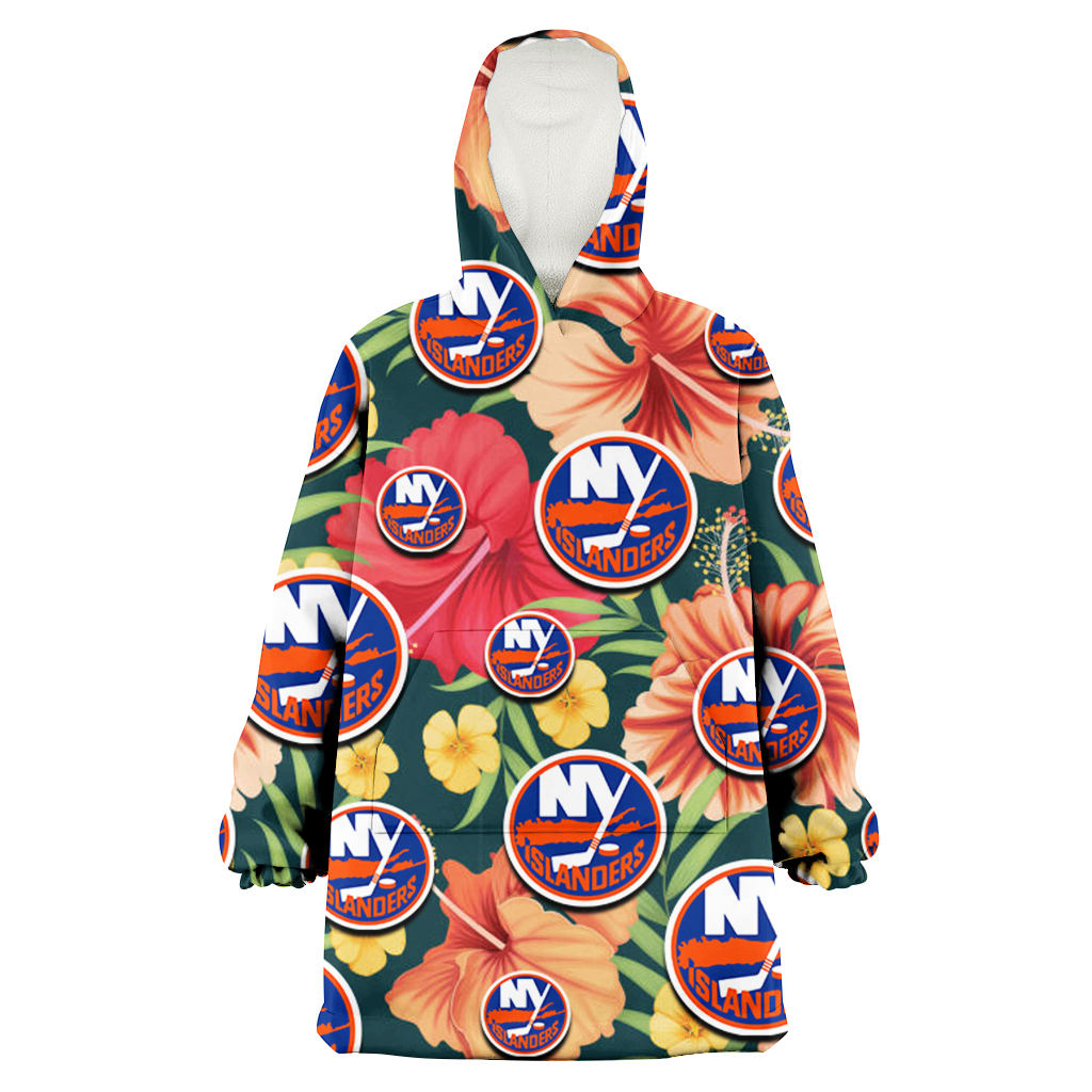 New York Islanders Orange Red Hibiscus Green Leaf Dark Background 3D Printed Hoodie Blanket Snug Hoodie