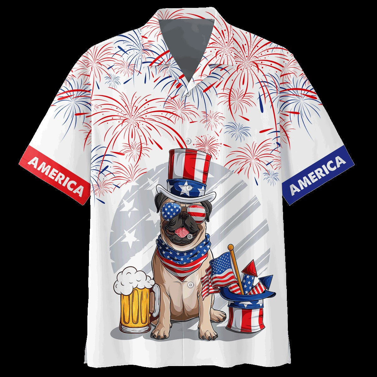 3D Full Print Independence’S Day Hawaiian Shirt, Pug And Beer Hawaii Summer Beach Shirt, 4Th Of Jul Hawaii Dog Shirt