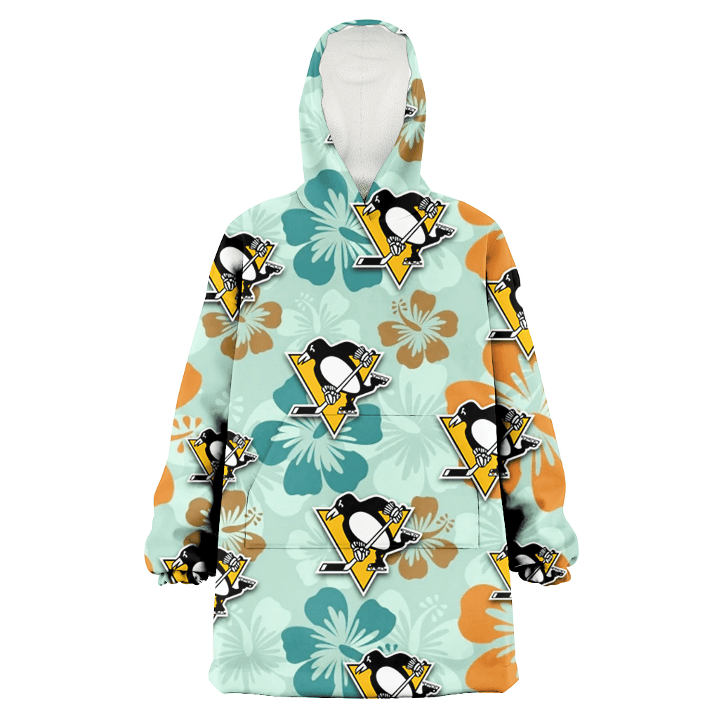 Pittsburgh Penguins Orange Green Hibiscus Pale Green Background 3D Printed Hoodie Blanket Snug Hoodie