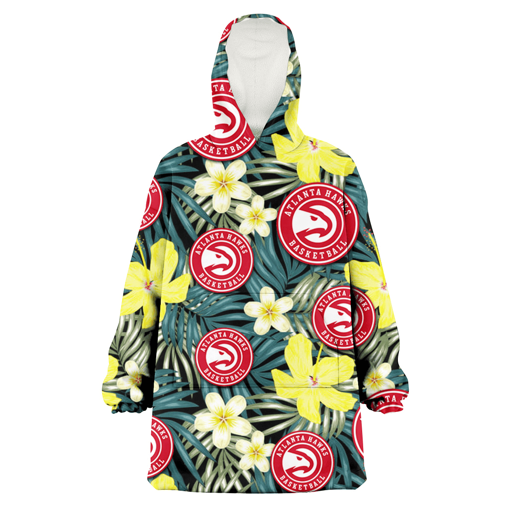 Atlanta Hawks Yellow Hibiscus Green Palm Leaf Black Background 3D Printed Hoodie Blanket Snug Hoodie