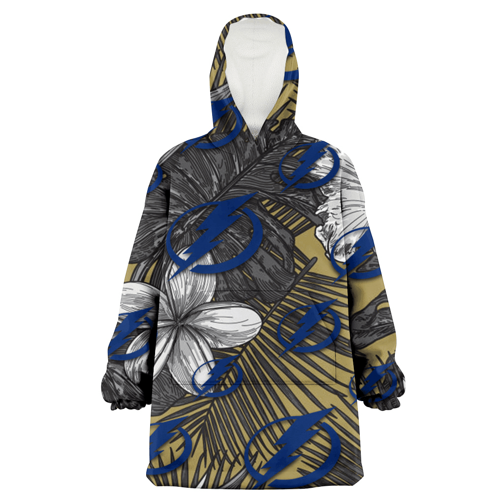 Tampa Bay Lightning Gray Sketch Hibiscus Yellow Palm Leaf Black Background 3D Printed Hoodie Blanket Snug Hoodie