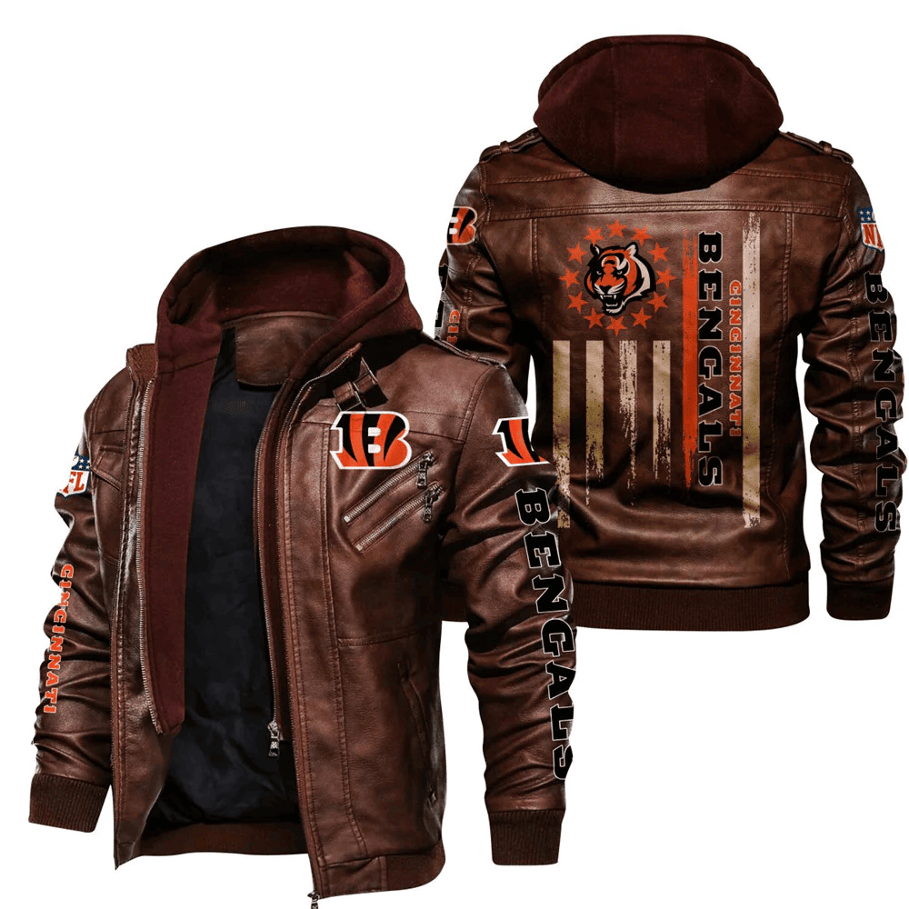 Cincinnati Bengals Flag Zip Leather Jacket With Hood