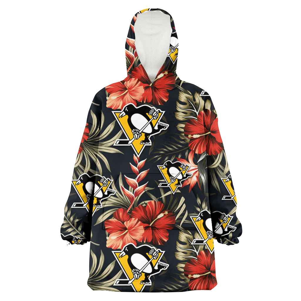 Pittsburgh Penguins Red Hibiscus Green Leaf Dark Background 3D Printed Hoodie Blanket Snug Hoodie