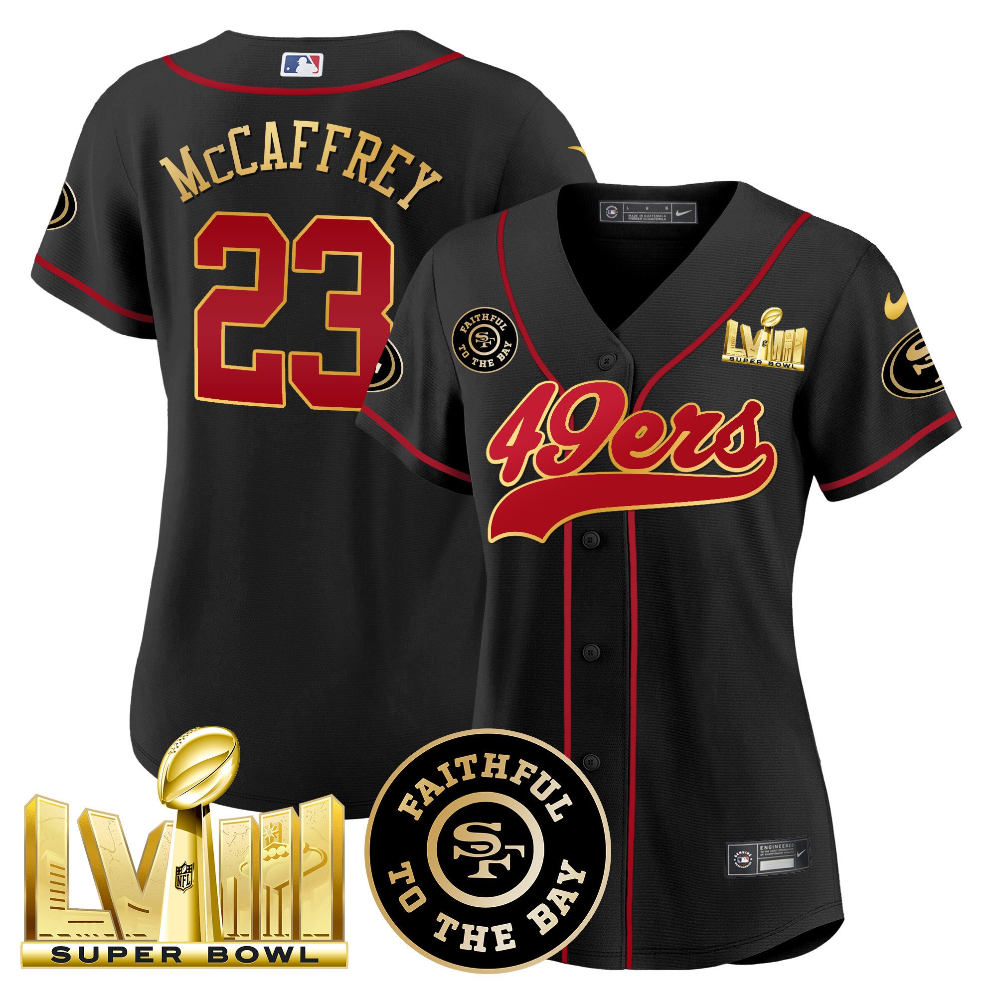 Women’S 49Ers Faithful & Super Bowl Lviii Gold Patch Baseball Jersey – All Stitched