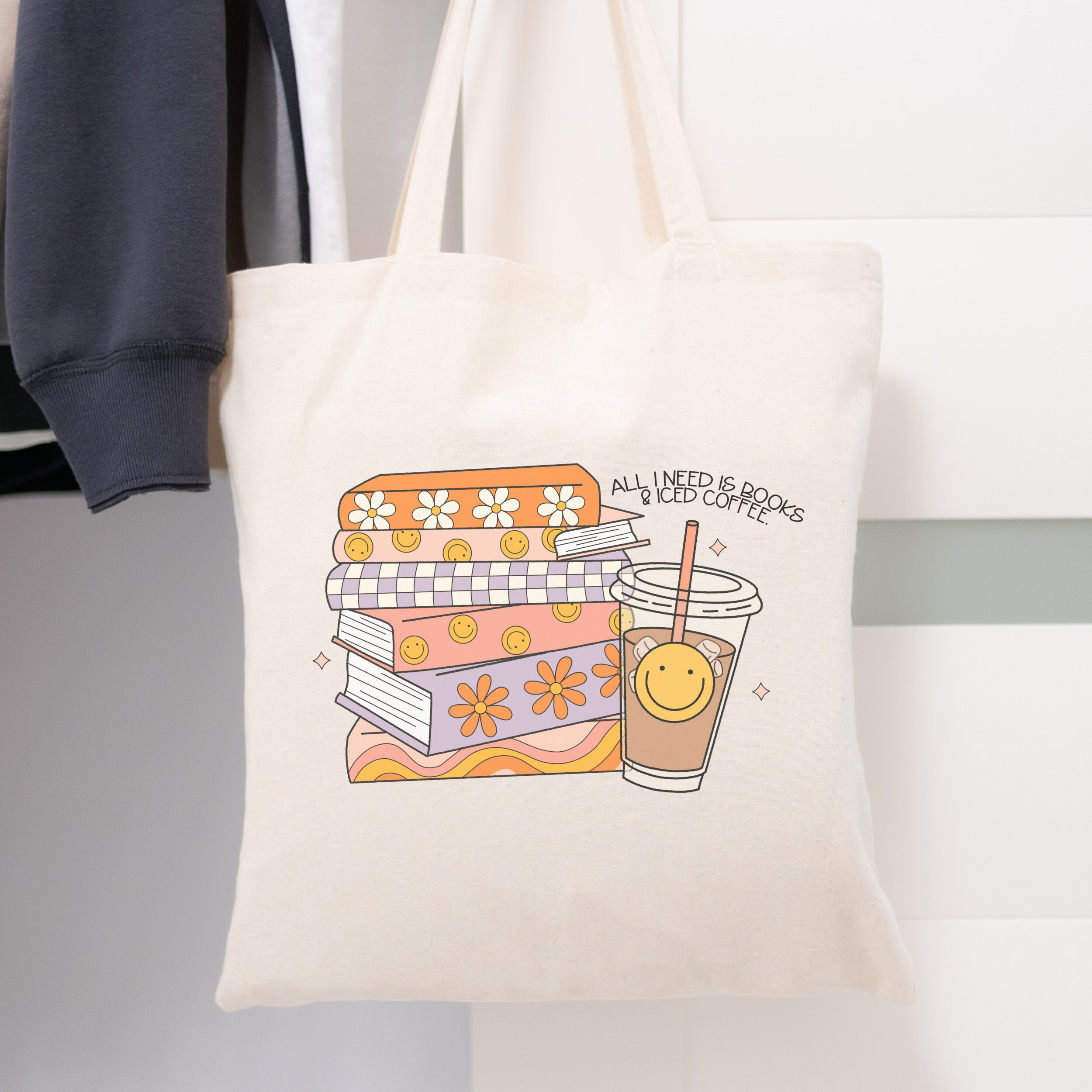 All I Need is Books and Iced Coffee Tote Bag, Cute Book Bag, Bookish Tote Small, Bookstore Tote, Reading Bag, TBR Bag, Book Tote Bag,