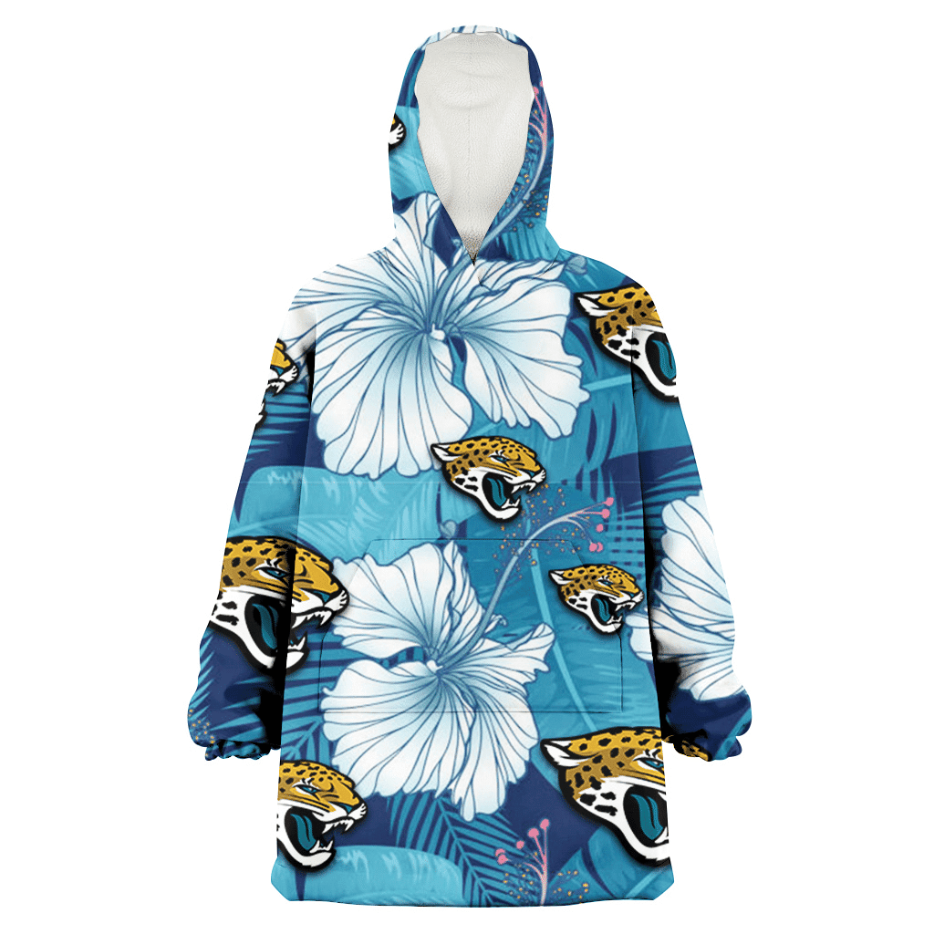 Jacksonville Jaguars White Hibiscus Turquoise Banana Leaf Navy Background 3D Printed Hoodie Blanket Snug Hoodie
