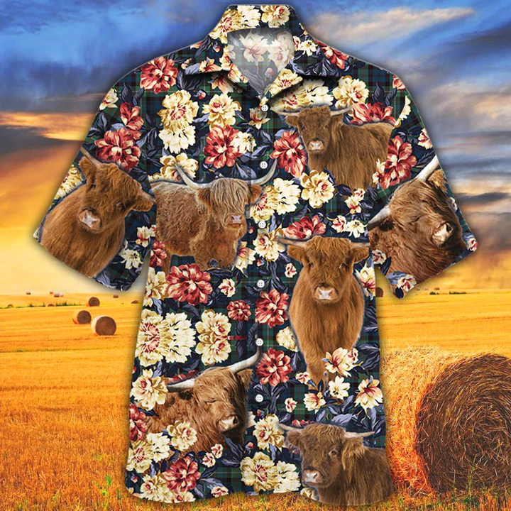 Cow Hawaiian Shirts For Men Women, Summer Hawaiian Shirt, Animal Shirt, Highland Cattle Lovers Green Plaid Pattern Hawaiian Shirt