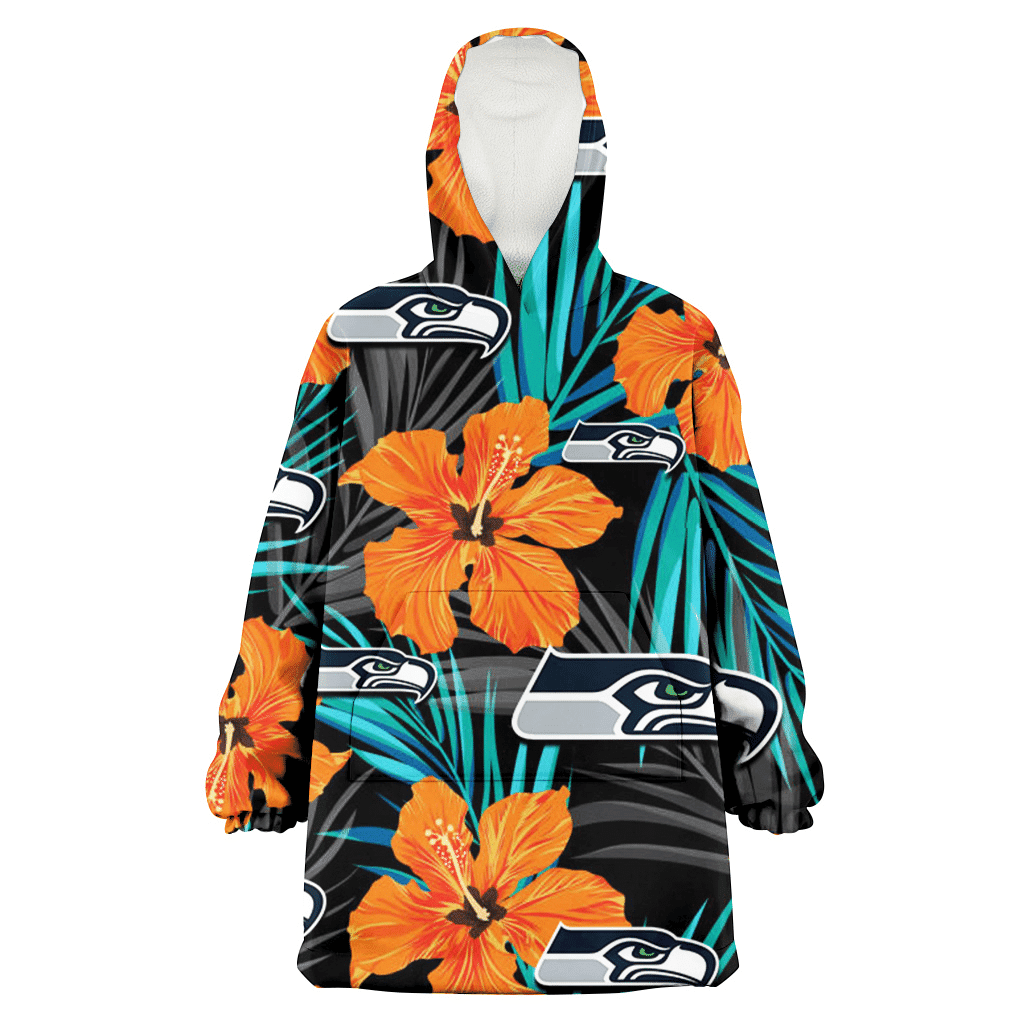 Seattle Seahawks Orange Hibiscus Blue Gray Leaf Black Background 3D Printed Hoodie Blanket Snug Hoodie