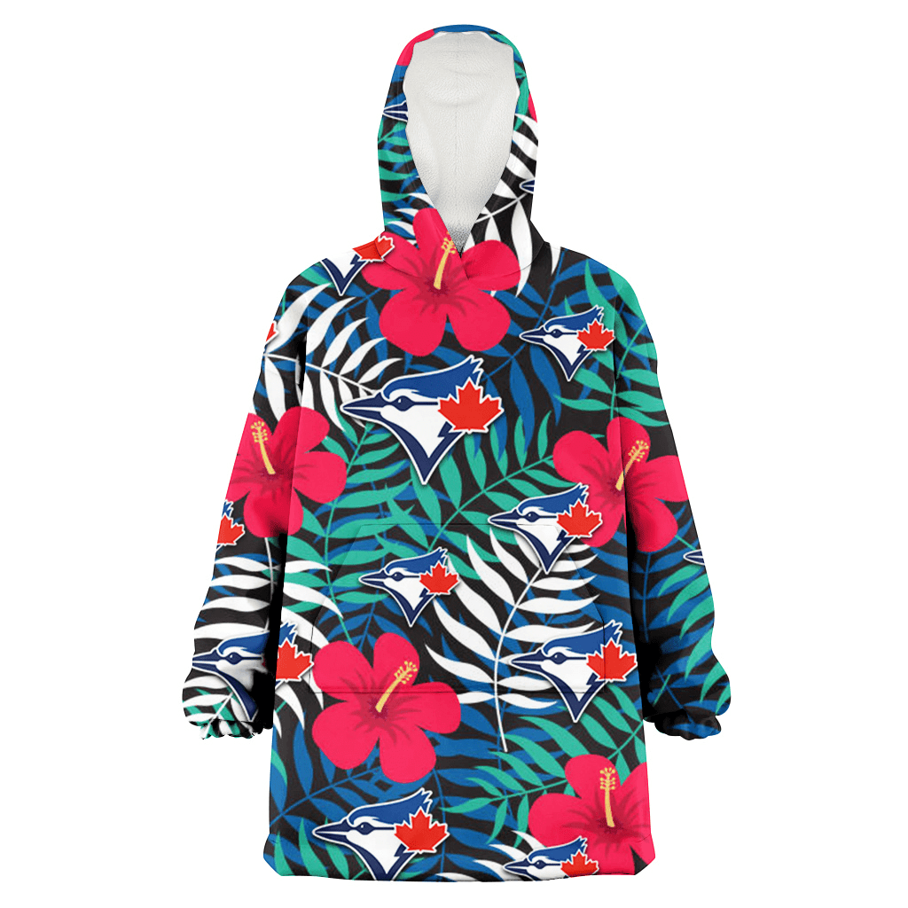 Toronto Blue Jays Red Hibiscus Green Blue White Leaf Black Background 3D Printed Hoodie Blanket Snug Hoodie