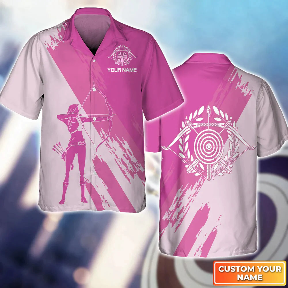 Female Archer Silhouette Pink 3D Hawaiian Shirt, Gift For Archer Sport Lovers